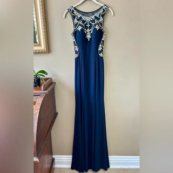 BETSY AND ADAM Illusion Low Back Prom Dress Crystal Beading Rhinestones WOFO 2